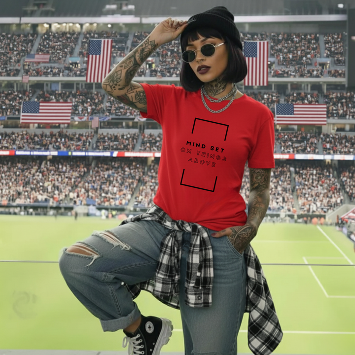 Faith-based Christian apparel featuring Mind set on things above text