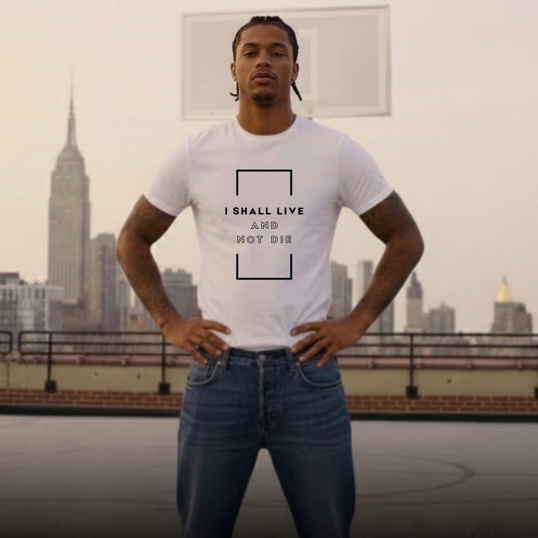 I Shall Live and Not Die Christian t-shirt flat lay