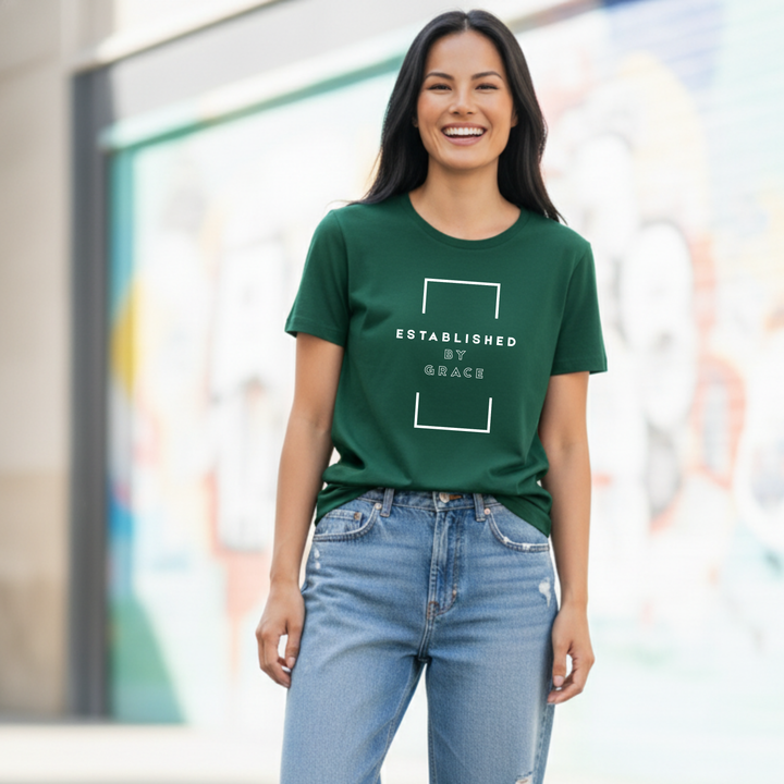 Christian t-shirt with Established by Grace faith message