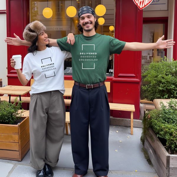 Christian t-shirt with Delivered Redeemed Reconciled faith message