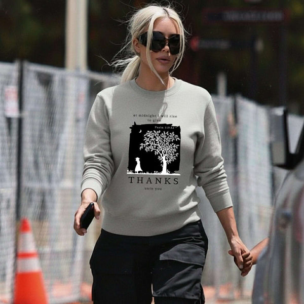 Christian sweatshirt with At Midnight I Will Rise to Give Thanks message