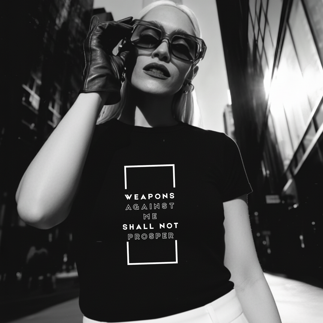 Weapons Against Me Shall Not Prosper Christian t-shirt flat lay