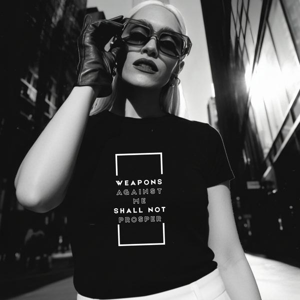 Weapons Against Me Shall Not Prosper Christian t-shirt flat lay