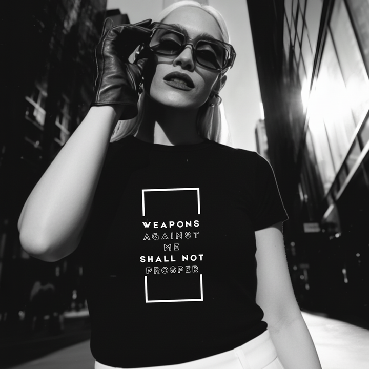 Weapons Against Me Shall Not Prosper Christian t-shirt flat lay