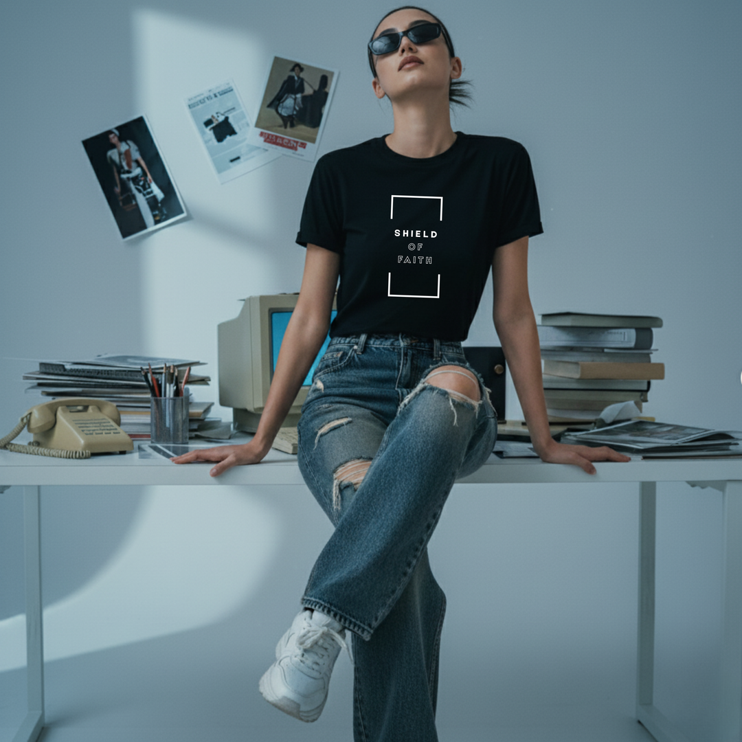 Shield of Faith Christian t-shirt flat lay