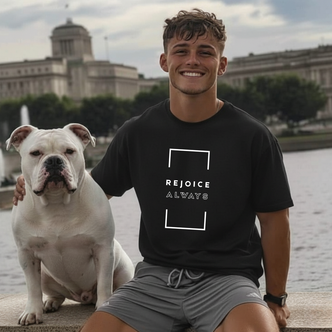 Rejoice Always Christian t-shirt flat lay