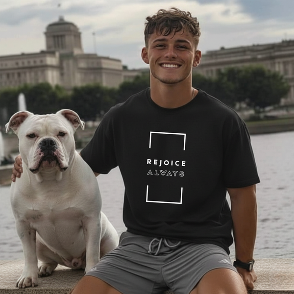 Rejoice Always Christian t-shirt flat lay