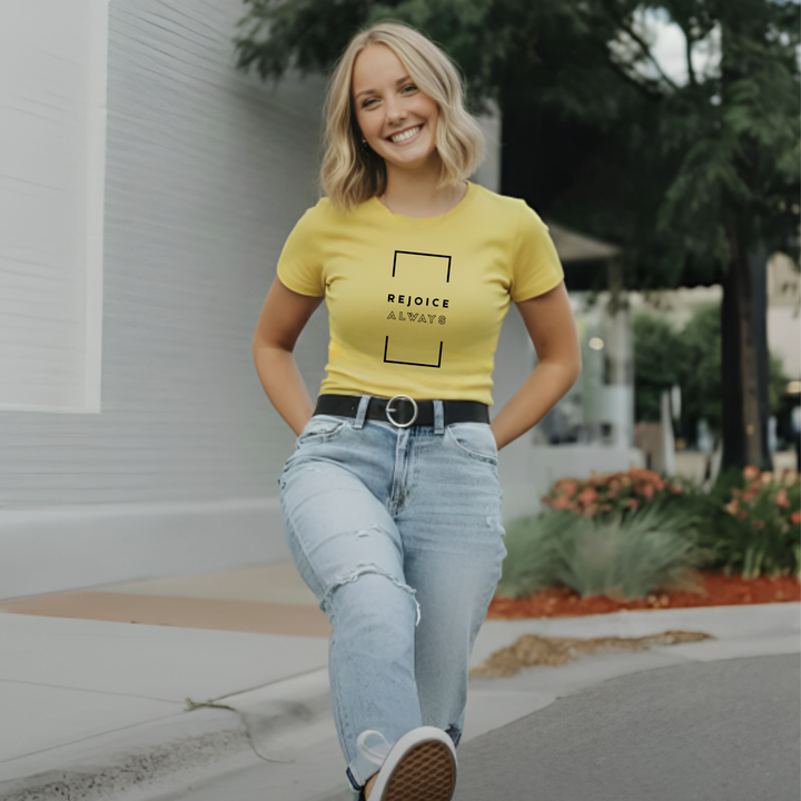 Faith-forward apparel Rejoice Always design