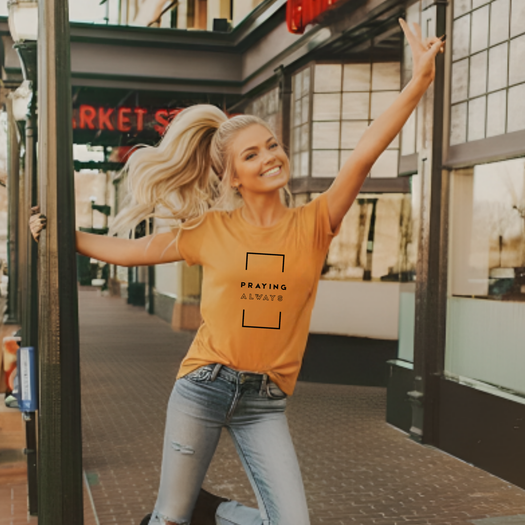 Faith-based Christian apparel featuring Praying always text