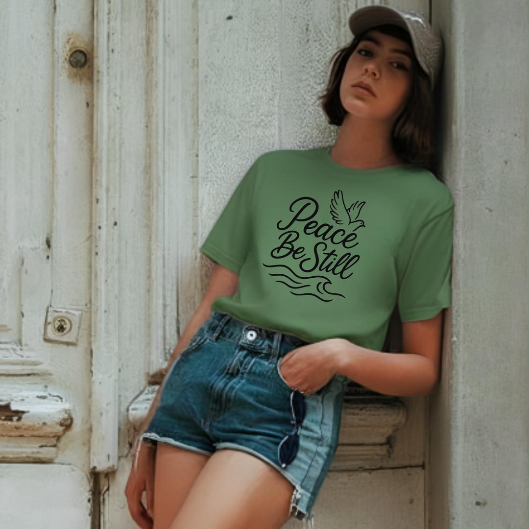 Peace Be Still Christian t-shirt flat lay