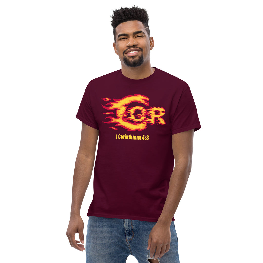 Christian tee with “1 Corinthians 4:8” scripture and fiery C graphic
