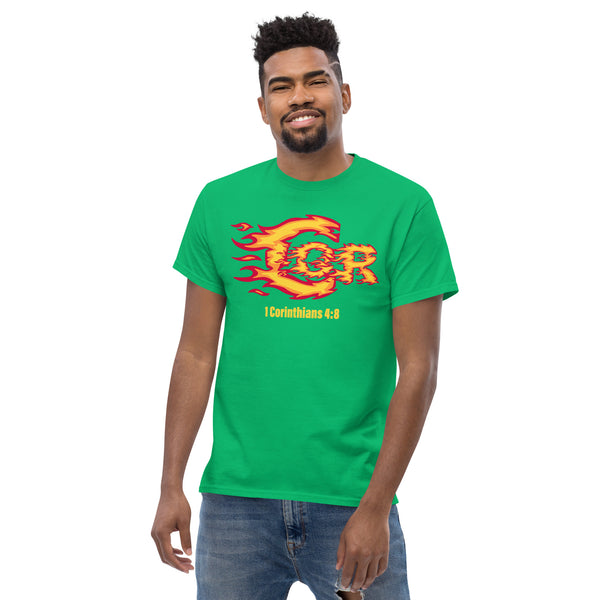 Lifestyle image of Christian t-shirt with fiery C graphic