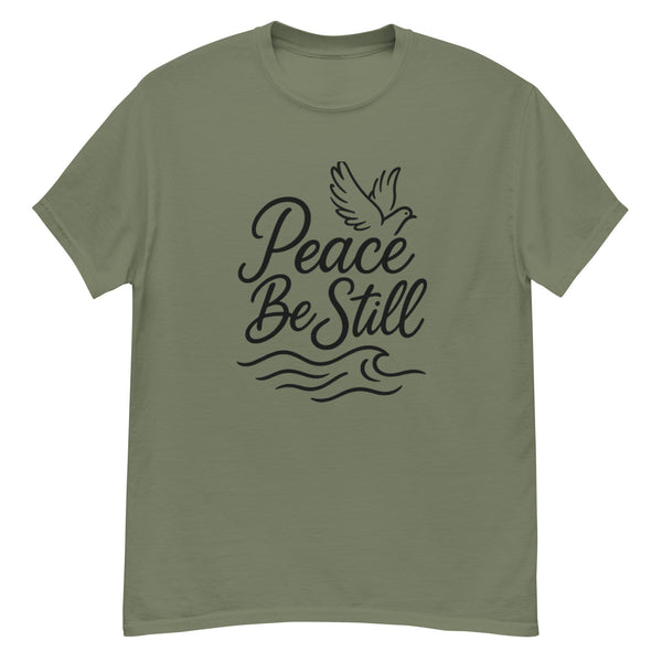 Minimalist faith t-shirt with Peace Be Still wording