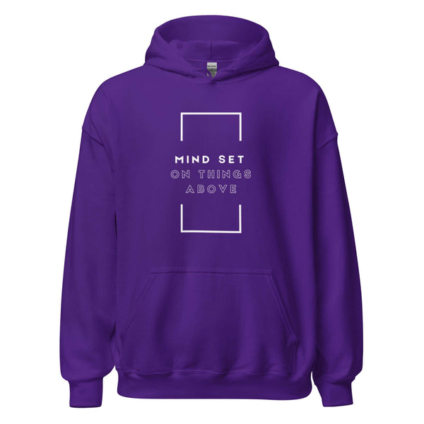 Faith-based hoodie with Mind Set on Things Above message