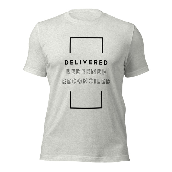 Faith-based messaging tee with Delivered Redeemed Reconciled graphic