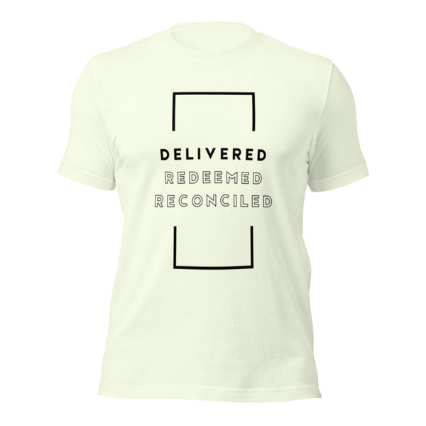Uplifting Christian t-shirt with spiritual Delivered Redeemed Reconciled text