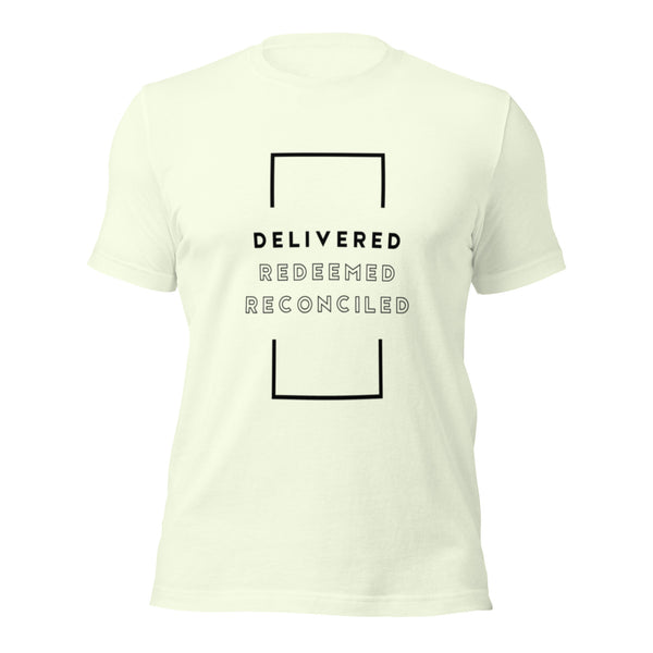Faith-based apparel featuring Delivered Redeemed Reconciled statement