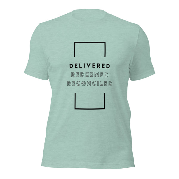 Christian t-shirt expressing Delivered Redeemed Reconciled identity in Christ