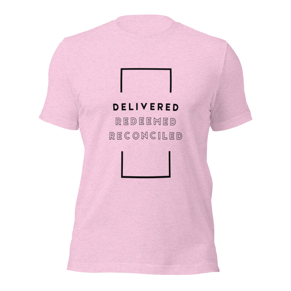 Encouraging Christian t-shirt with Delivered Redeemed Reconciled wording