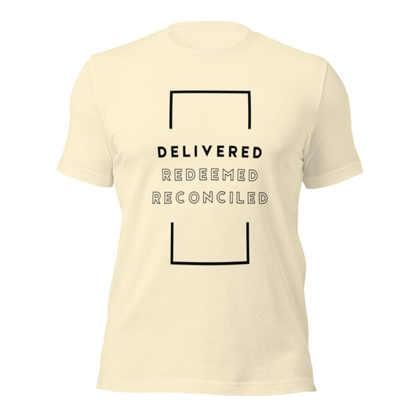 Christian apparel t-shirt promoting Delivered Redeemed Reconciled belief
