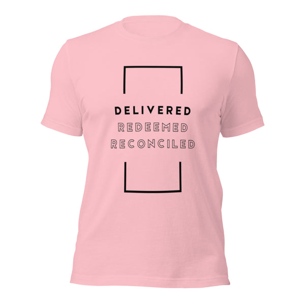 Uplifting Delivered Redeemed Reconciled scripture theme on t-shirt