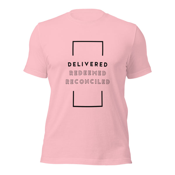Christian graphic tee with Delivered Redeemed Reconciled inspirational art