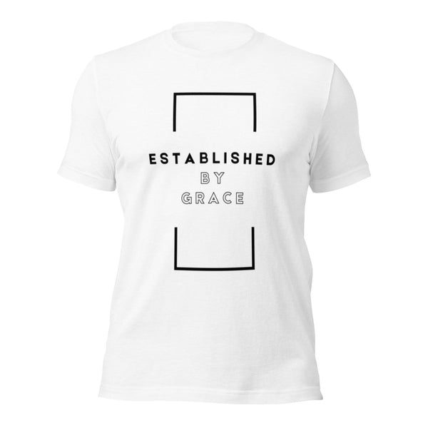 Established by Grace text detail on Christian t-shirt