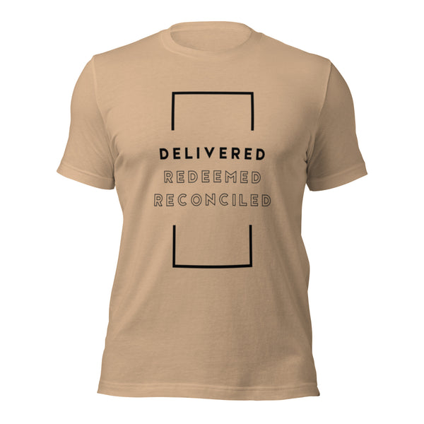 Faith-based Christian apparel with Delivered Redeemed Reconciled text