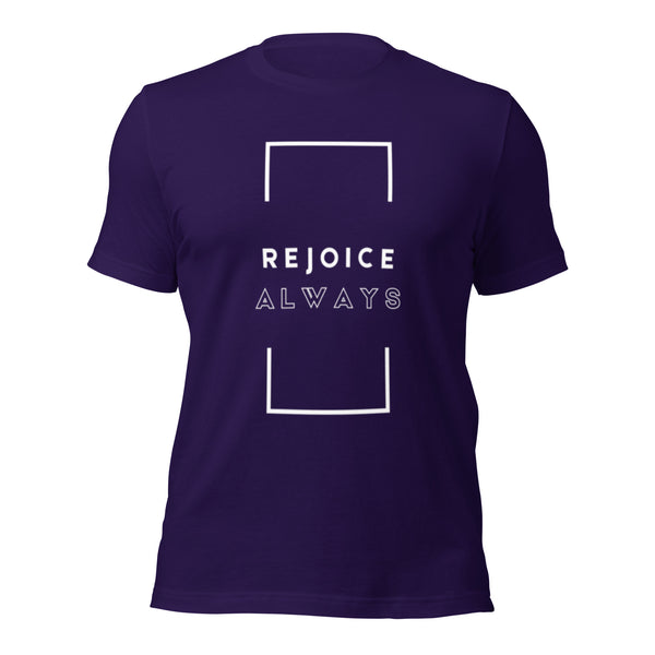 Christian apparel with Rejoice Always typography