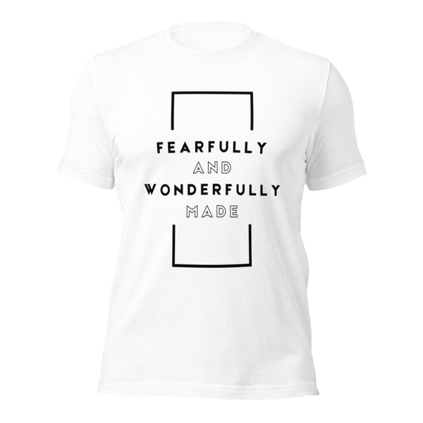 Masterpiece-themed Christian apparel with Fearfully and wonderfully made text
