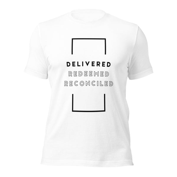 Christian t-shirt with bold Delivered Redeemed Reconciled typography