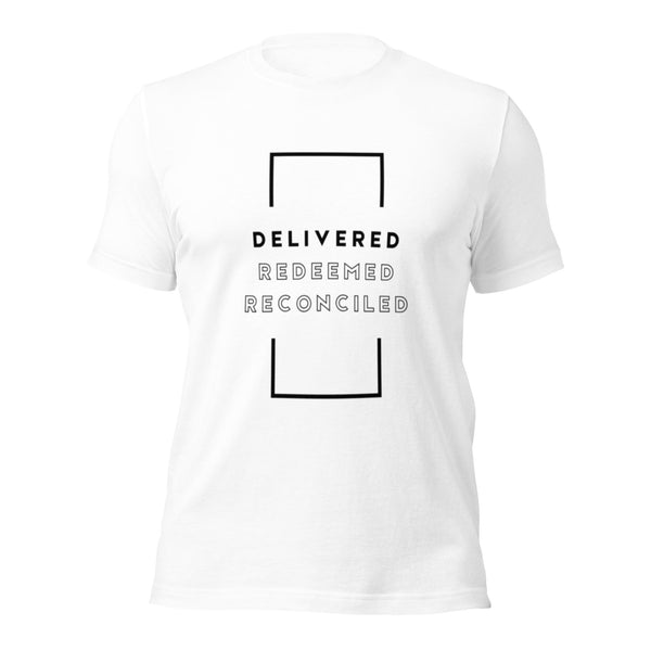 Soft cotton Christian tee with Delivered Redeemed Reconciled theme