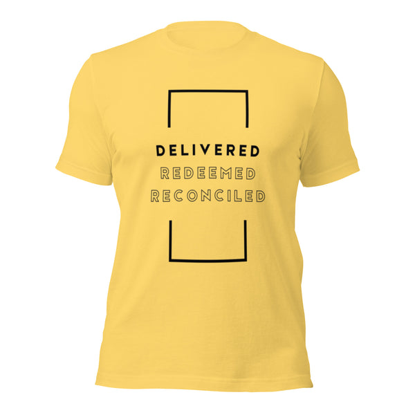 Faith-filled graphic tee with Delivered Redeemed Reconciled wording